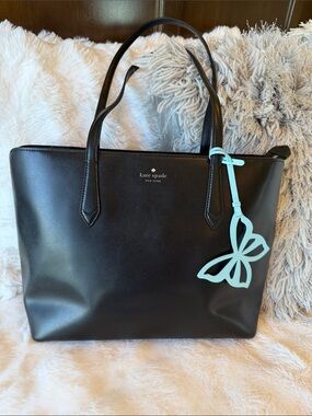 kate spade Black Leather Tote with Light Blue Butterfly Charm